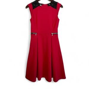 Massimo Red Lace Dress Petite Small‎ Fit & Flare Zip Faux Side Pockets